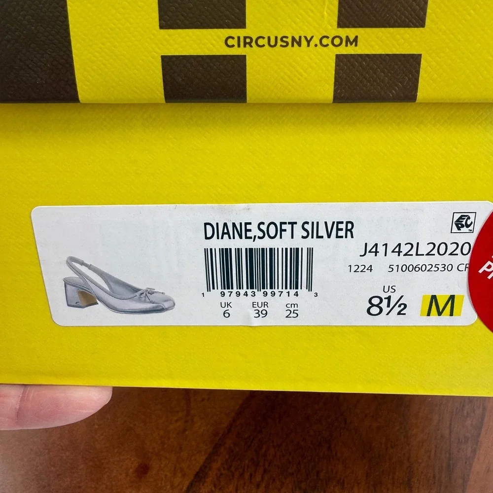 Circus NY Diane Soft Silver Slingback Block Heel Square Toe Bow Pumps Women 8.5M